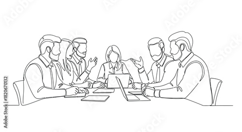 Continuous line art of a business meeting, featuring a diverse team of professionals collaborating and discussing ideas around a table
