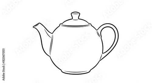 Simple black and white line art illustration of a classic ceramic teapot with a lid and handle, perfect for serving hot beverages