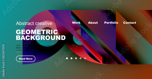 Modern website mockup displays vibrant geometric shapes, text overlays, navigation menu. Clean design promotes creativity, portfolio presentation.