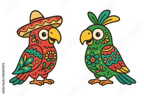 Cartoon parrots decorated with colorful traditional Mexican folk art patterns and sombrero hat