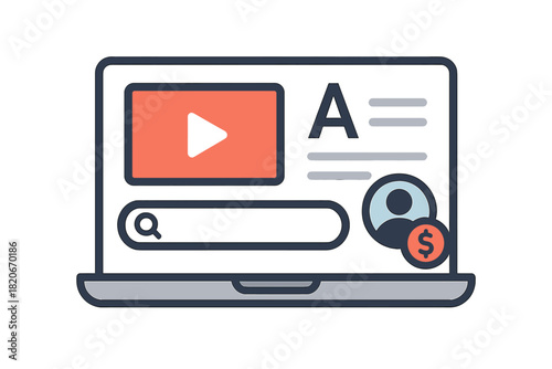 Laptop screen displaying video content, search bar, user profile, and monetization icon
