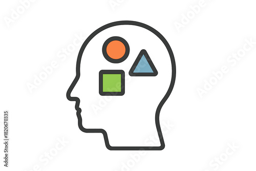 Human mind profile with geometric shapes representing logic, knowledge, and problem solving