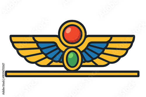 Stylized ancient Egyptian winged symbol with golden feathers and colorful gemstone accents