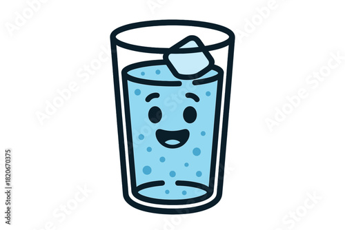 Cheerful glass of refreshing cold water with a happy face and ice cube character
