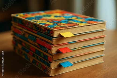 Stack of colorful comic books with bookmarks placed on wooden surface in warm natural light, evoking nostalgia and storytelling concept. Ai generative