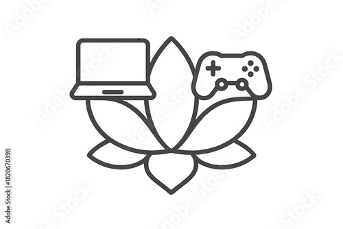 Laptop and game controller on a lotus flower symbolizing digital life balance