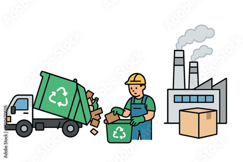 Sanitation worker sorting recyclable materials near a garbage truck and industrial factory