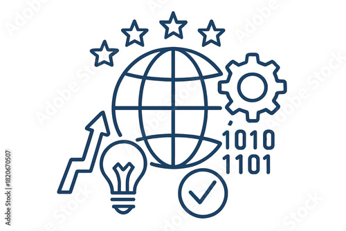 Global business strategy, technological innovation, and data processing concept with globe and rating stars