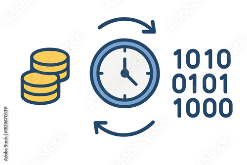 Time value of money and digital financial exchange represented by coins clock and binary code