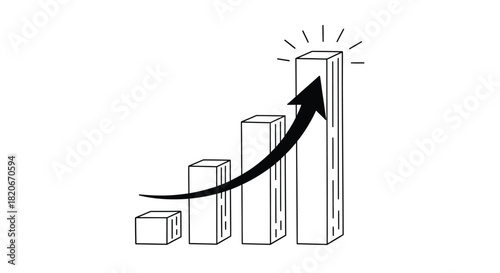 Sketch style bar graph with an ascending arrow symbolizing business development, market expansion, and positive financial trends