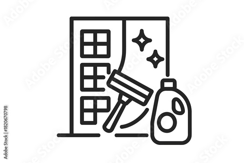 Window cleaning service using squeegee and detergent bottle for sparkling glass