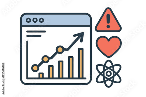 Web browser window displaying business growth chart alongside warning, heart, and atom symbols