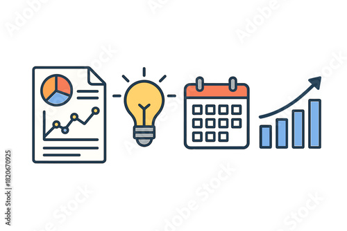Business strategy planning symbols for data analysis, creative idea, and financial growth