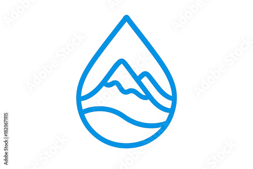 Minimalist blue line art of mountains and waves inside a water drop shape symbolizing nature and purity