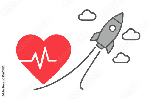 Red heart shape with heartbeat pulse line connected to a launching rocket soaring through clouds