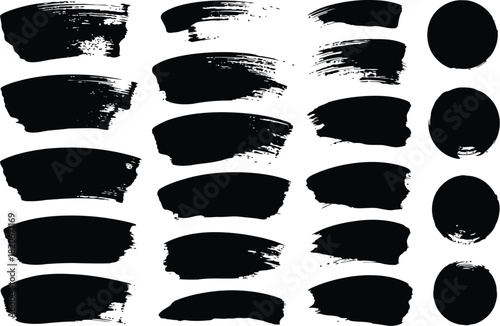Black Ink Brush Strokes and Circular Splatters Set for Design Elements