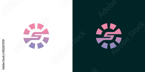 Creative letter S logo concept featuring a dynamic purple and pink gradient. This circular sunburst or gear symbol represents energy and forward motion