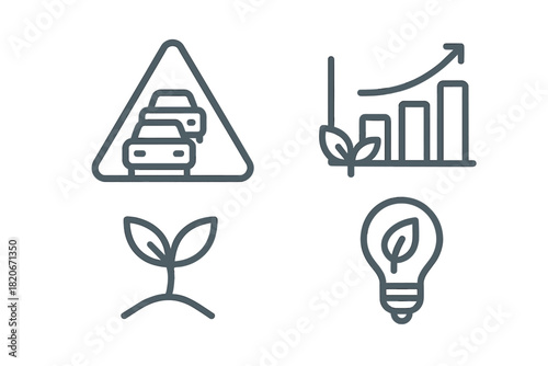 Line icons for environmental sustainability, traffic congestion, green energy, and urban planning