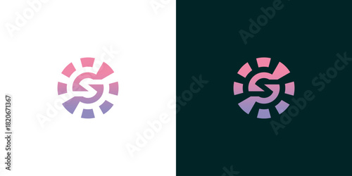 Abstract circular logo design with gradient colors on white and dark backgrounds