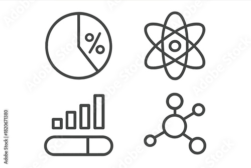 Business analytics, atomic structure, molecular networking, and medical statistics concepts