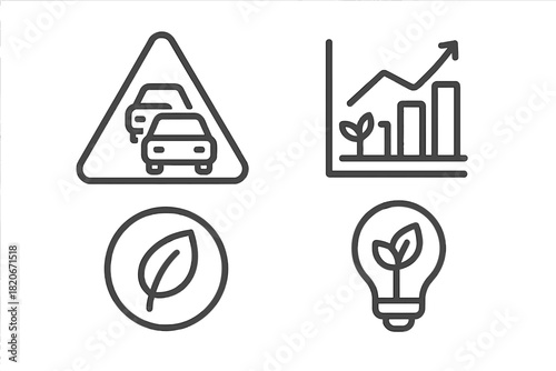 Traffic congestion warning, environmental growth chart, sustainable energy, and ecological leaf symbols