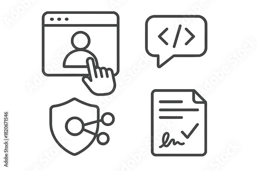 Essential line icons for web development, network security, user profile, and documentation concepts