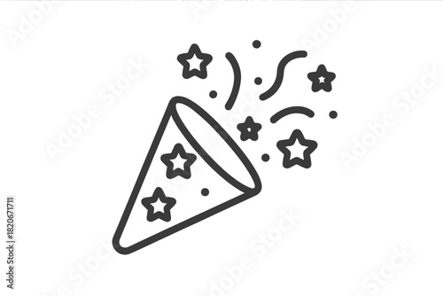 Minimalist black outline icon of a party cone exploding with confetti and stars