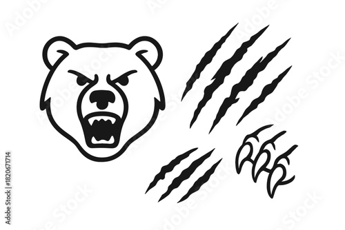 Angry roaring grizzly bear head mascot design featuring sharp claw scratch marks and paw print