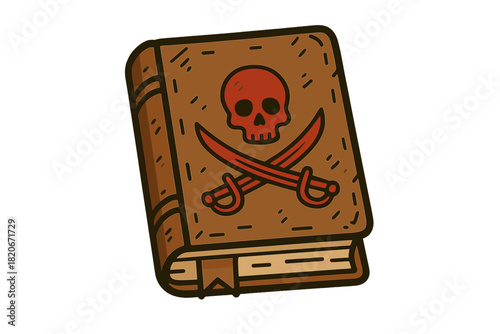 Mysterious antique book with a pirate theme cover featuring a red skull and crossed sabers