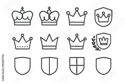 Simple black and white outline designs of royal crowns, king hats, and medieval heraldic shields