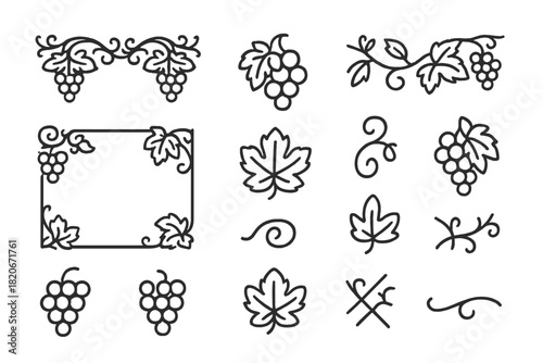 Minimalist black outline grape vine decorative elements set with borders, dividers, leaves, and fruit icons