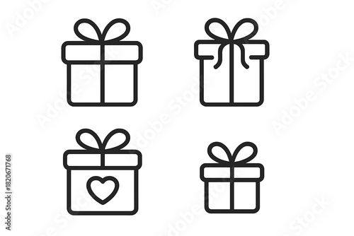 Set of outline gift box icons tied with decorative bows for holidays and special celebrations