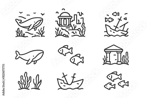 Detailed outline icons representing marine life, sunken shipwrecks, and ancient ruins on the ocean floor