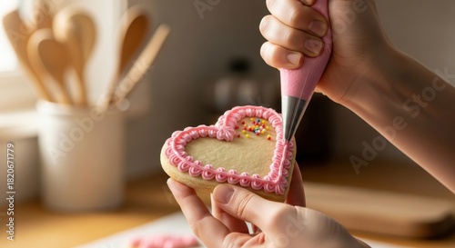 Hands decorating a heartshaped cookie with pink icing and sprinkles