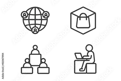 Modern business icons set for global networking, online shopping, team structure, and remote work