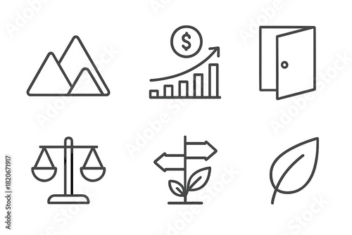 Collection of minimal outline icons covering business concepts, finance, nature, opportunity, and balance