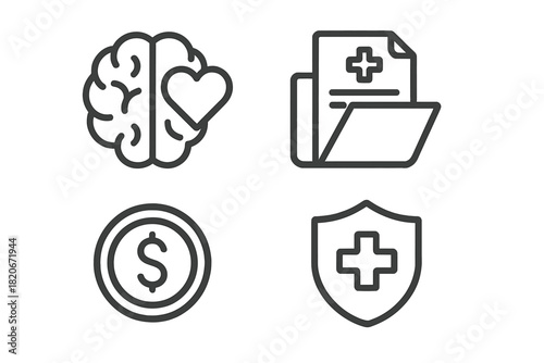 Outline symbols representing health insurance, mental well-being, medical records, and financial security