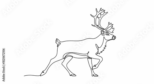 Elegant continuous line drawing of a majestic reindeer walking, symbolizing grace and the beauty of northern wildlife. A minimalist art illustration