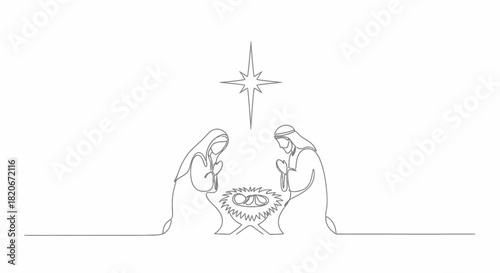 Minimalist continuous single line drawing of the Holy Family Nativity scene with Mary, Joseph, and baby Jesus in a manger under the Star of Bethlehem