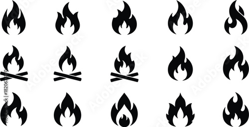 Collection of Fifteen Fire and Campfire Silhouette Icons, Flames on White Background