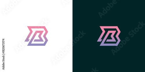Geometric 'B' logo with gradient colors on white and dark backgrounds