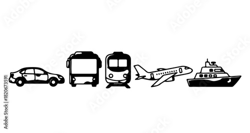 Set of Transportation Icons: Car, Bus, Train, Airplane, and Ship for Travel and Logistics
