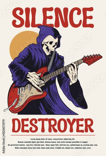 Skeleton Rocker Illustration Playing Electric Guitar in Vintage Style for T-Shirt or Poster Design