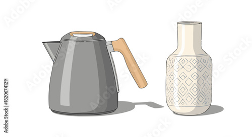 Modern Kettle and Ceramic Vase Set for Kitchen and Home Interior Decor