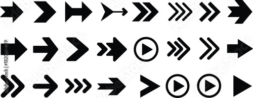 Collection of Various Black Arrow Illustrations and Play Symbols Isolated on a White Background