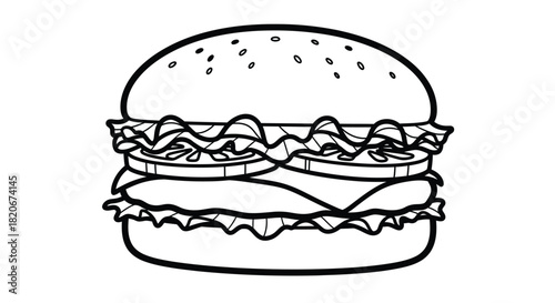 Black and white outline drawing of a classic hamburger with a sesame seed bun, lettuce, tomato, cheese, and a patty, ready for coloring