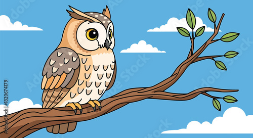 A charming and detailed illustration of a wise owl perched serenely on a sturdy tree branch, set against a vibrant blue sky with soft, fluffy white clouds, capturing the peaceful essence of nature and