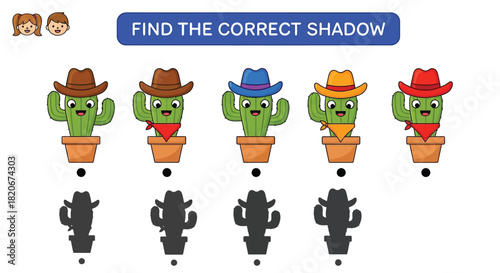 Find the correct shadow cactus matching game for kids activity