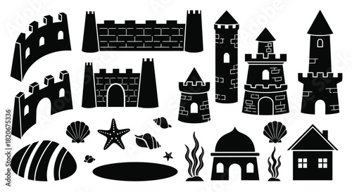 Sandcastle building elements vector design black and white set