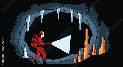 Cave exploring adventure spelunking with flashlight illustration